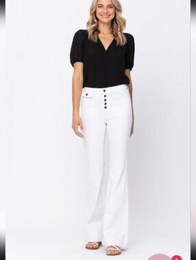Judy Blue White High Rise Button Fly Patch Pocket Flare Jeans Size 15/32‎ Retro
